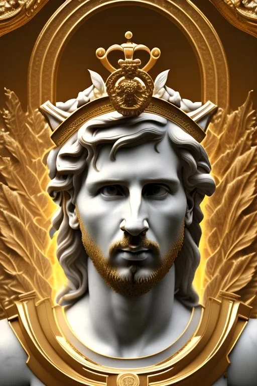 Ultra Realistic image, classical renaissance sculpture, white marble material, Lionel Messi, Laurel leaves crown, chisel style, waist up portrait, epic, celestial, gold, cinematic lighting, God light, god rays, 4k resolution, smooth details, ornate details, soft lighting, unreal engine 5, marble background.