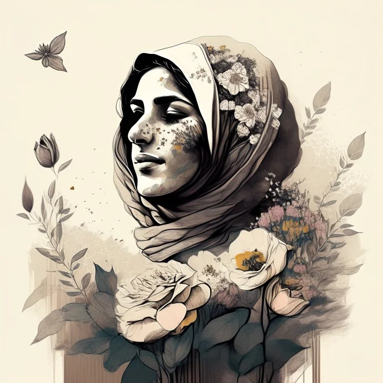 woman, life, freedom, Iran hand-drawn digital art, muted tones, flowers everywhere, REALISTIC