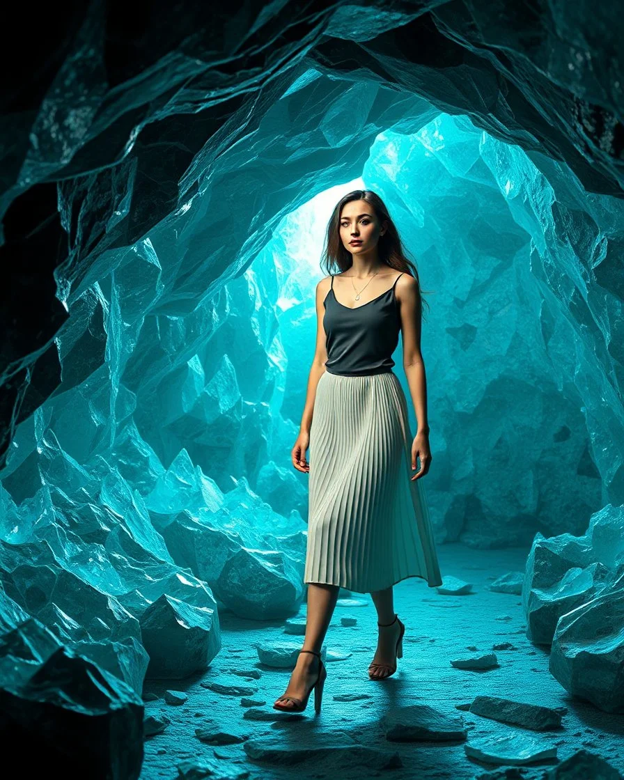 make a picture pretty cave made of crystal diamond 3d fractal recursive cubic and sphere base structures and a beautiful fashion model lady with cute,with dark cyan decholte top and pretty pleated midi skirt,siver she walks in cave ,dynamic camera zoom to full body and fallow her inside cave dynamic lights.