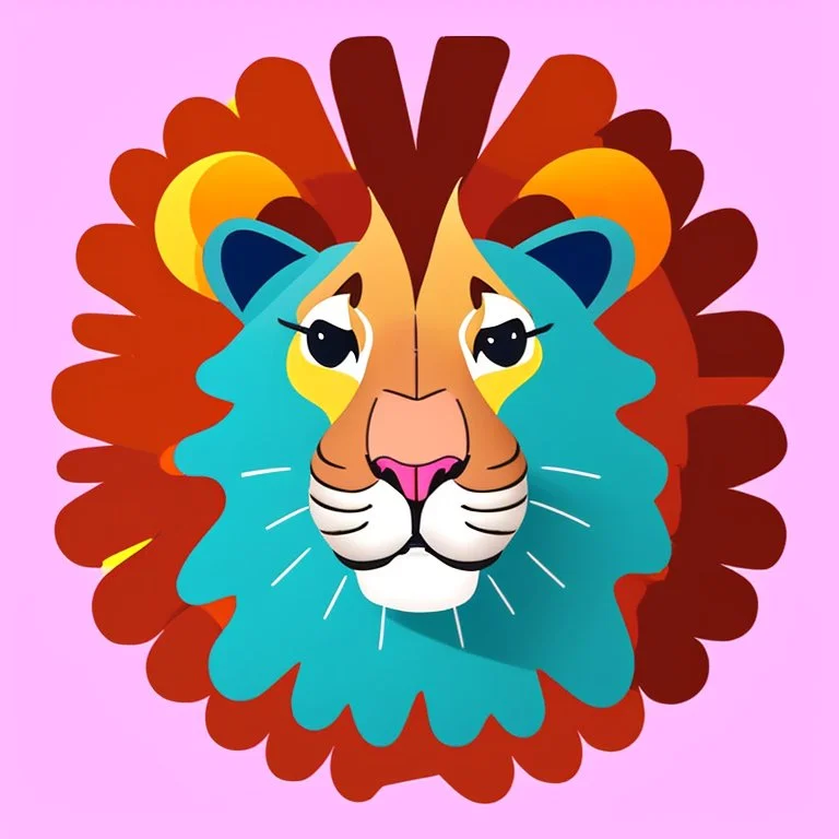 A sticker design in a minimalistic style featuring a caricature lion in vivid colors. The subject is presented alone on a neutral background.