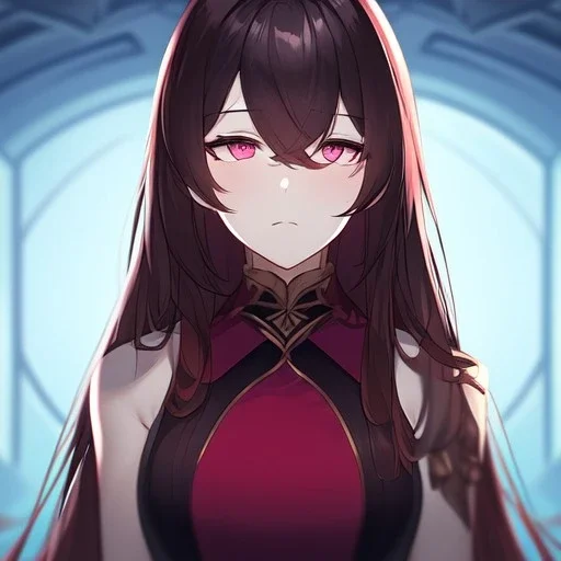 Clear focus,8k,Beatiful Lighting,Beatiful Blur,Beatiful Face,Beatiful Shading,Crimson long hair,silky hair, long silky bangs, pink eyes, wearing a detailed outfit outfit,must wear a short black skirt, Hair in eyes, lot of hair,One arm is sleeveless,Extreme Close Up