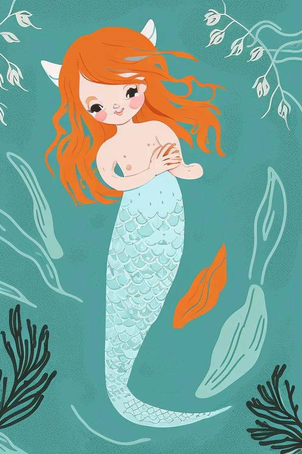 A delightful coloring page design showcasing an adorable baby mermaid in a charmingly naive art style. The artist has skillfully created a whimsical scene with minimal details and a focus on bold, thick black outlines. The endearing fox, prominently positioned in the center, is the highlight of this illustration. The all-white background beautifully complements the simplistic design, allowing young artists to unleash their creativity. As the baby fox takes center stage, a subtle hint of its