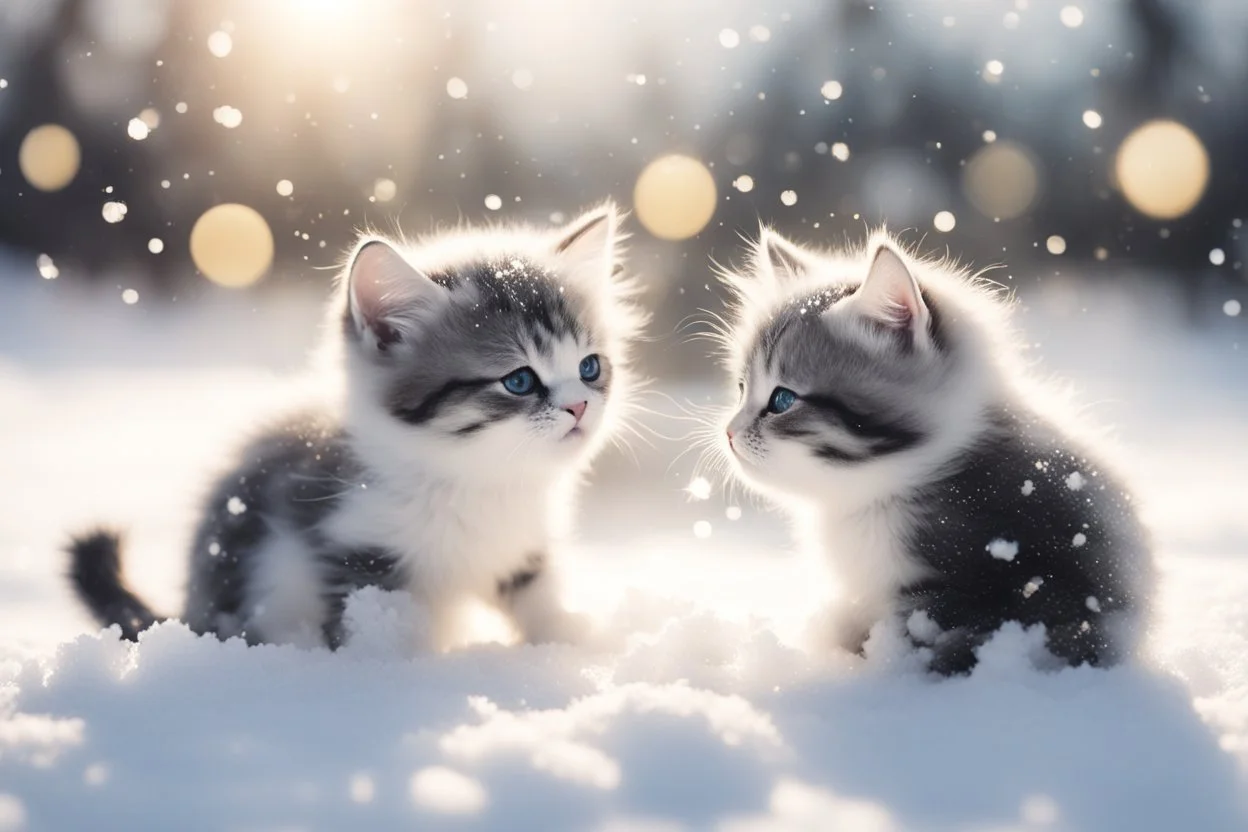 black and white chibi kittens playing in the snow in the sunshine, watercolor and black ink outlines, sparkling golden glitter, ethereal, cinematic postprocessing, bokeh, dof