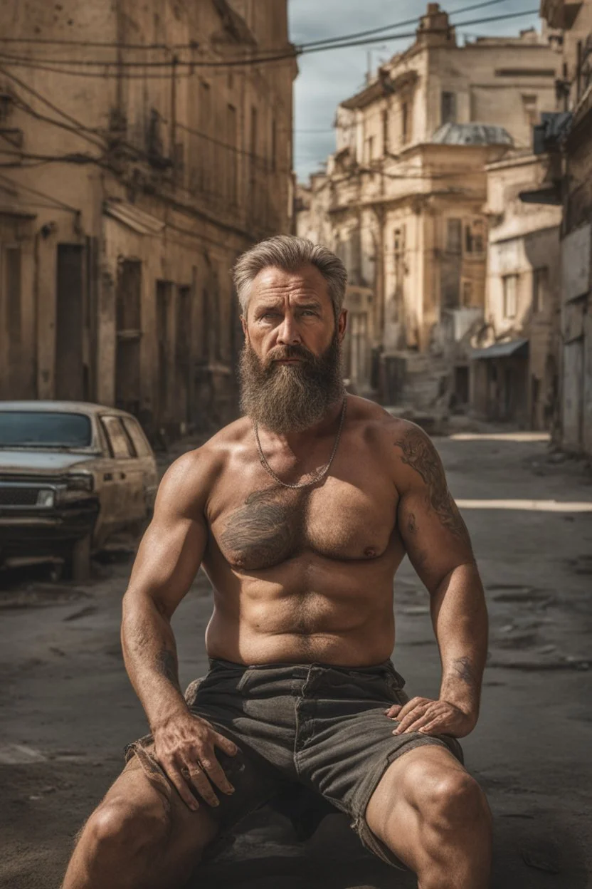 viril strong beefy mature russian man sunbathing, sitted on an empty street, 41 years old, dirty tank top, tattoo, bullneck, hands behind the neck, ripped dirty shorts, manly chest, very hairy, short beard, big shoulders, relaxed, photorealistic, well defined facial features, half figure photography, view angle from the ground