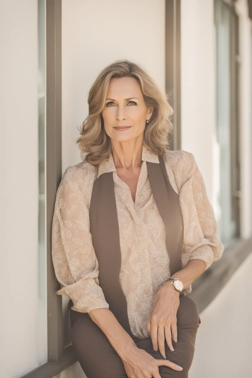 A portrait of a nice woman in her 40s. Wearing a blouse