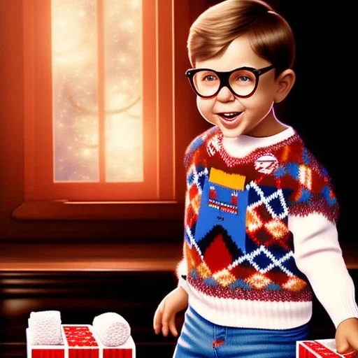 living room scene, ralphie peter billingsley glasses, kid in argyle sweater holding a (red soap)