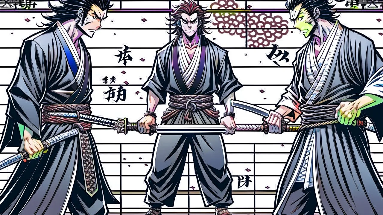 yujiro hanma vs yoriichi tsugukuni, baki vs kimetsu no yaiba, two mans standing in front of each other, a big strong man in black shirt with red hair and evil grin in martial art's stance facing a smaller feminine swordsman with long hair and calm face reaching for his sword in traditional japanese clothes both preparing to fight each other