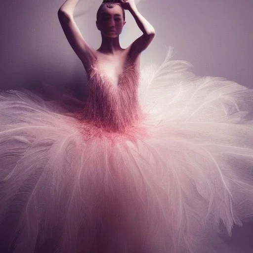 dress made out of feathers sequins and tulle, raytraced render, stunning colors, chiaroscuro, fashion photography, vogue, dramatic, beautiful lighting, delicate composition, aesthetic, ballerina, ballgown