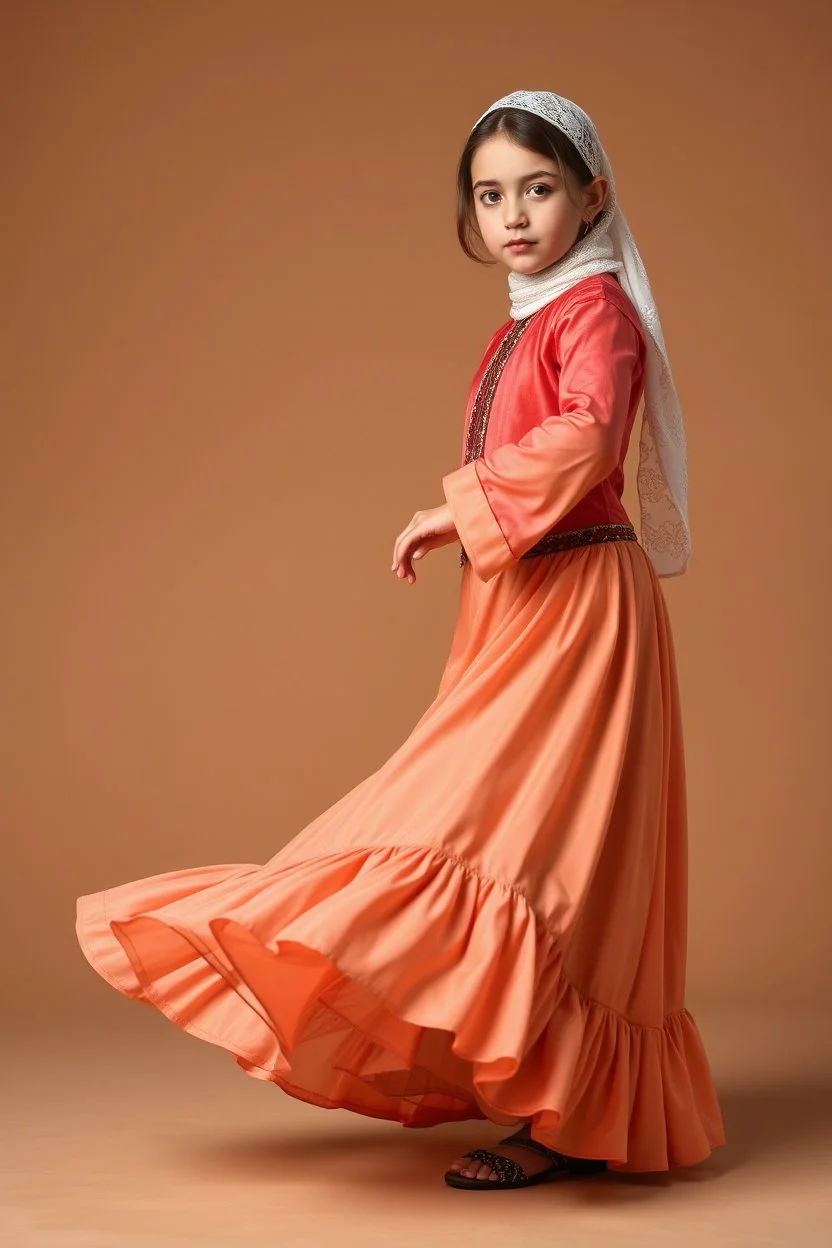 simple background, full body of very pretty little girl in azeri dance wearing A long underdress or shirt, often made of silk,A fitted, often velvet or brocade, jacket worn over the shirt.Wide, bell-shaped skirts are worn, often long and layered to create beautiful movements while dancing, with a long lace scarf at back of her head,in relax pose looking at camera