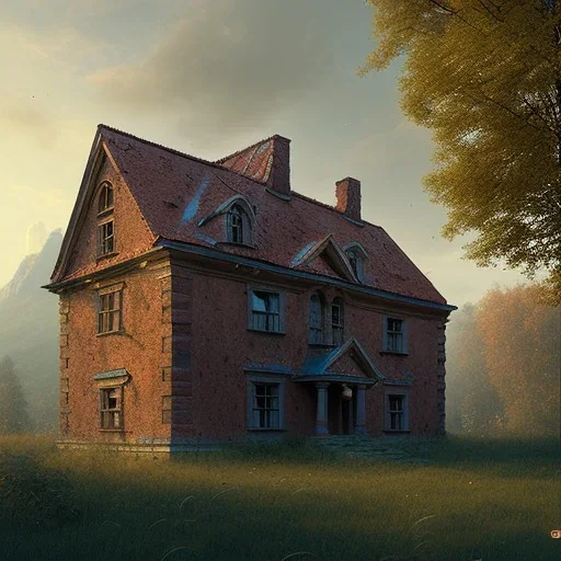 Abandoned attic Slovak type house, brick walls, highly detailed, hill in the background, two windows on the front wall, with roof, concept art by Greg Rutkowski