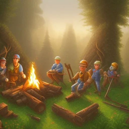 a group of people with tools working on a base in the forest by a campfire and stone wall, all in pixel art cartoony stile