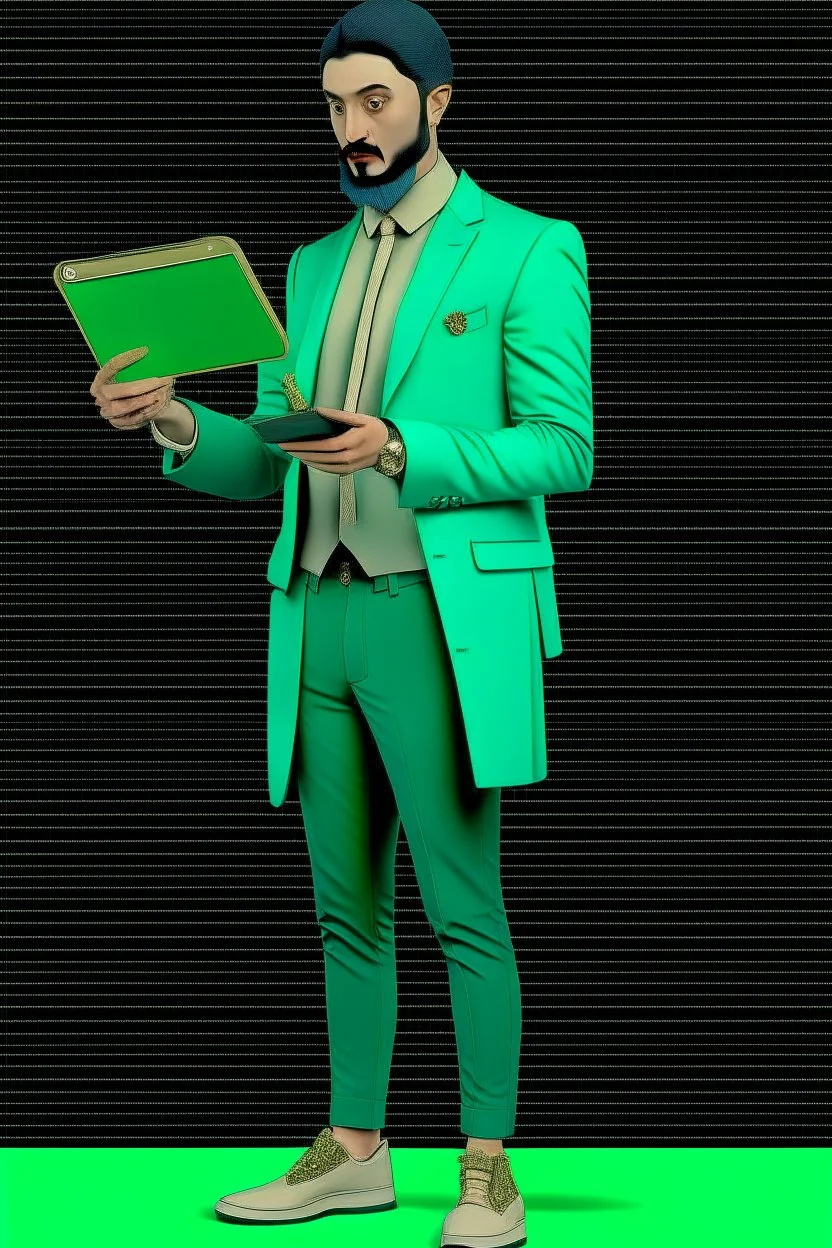 Modern guy, 20s, holding ipad in left hand, looks like a renaissance painting, walking forward, full body, "persian green", "right hand pointing down". "Front facing"