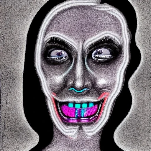 Silver on black paper portrait of female smiling face of migraine, face distorted with pain, reverse colors, screaming, tears streaming from eyes, colorless, glitchcore, dystopian, horror, ultra realist texture, intricate line drawing,