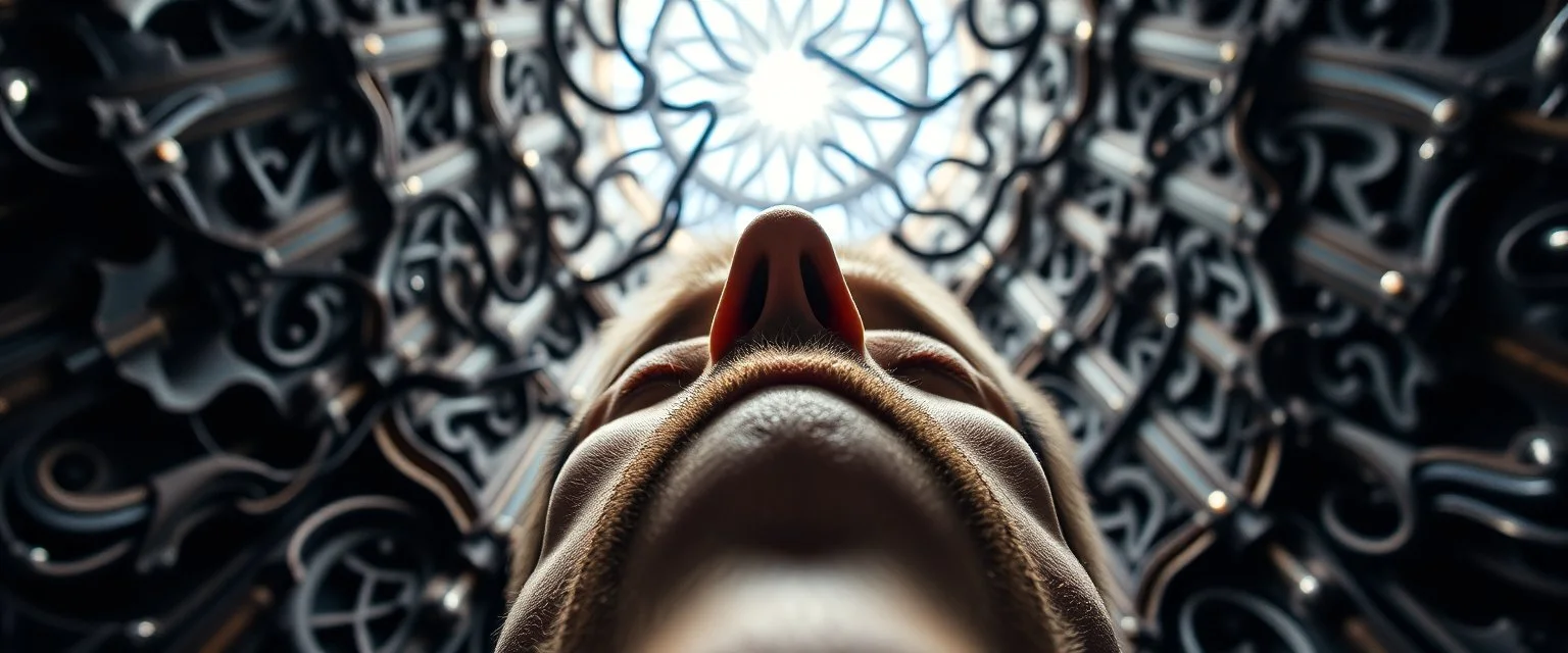weird perspective close up portrait looking down on cam, with background in the style of escher and giger, a chill contrapunctus fugue in the style of fsol, beethoven, goa trance breaks, dancefloor drum and bass,