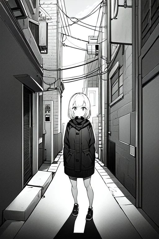 girl is standing in alley, fisheye camera, greyscale