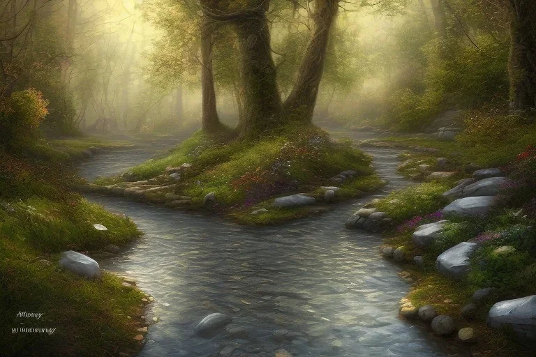  winding stone path lit river