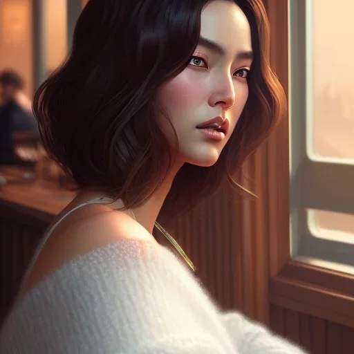 8k 4d photo realistic Highly detailed portrait of stunningly beautiful woman, sitting inside a cozy cafe, Atey Ghailan, by Loish, by Bryan Lee O'Malley, by Cliff Chiang, by Greg Rutkowski, inspired by image comics, potrait illustration,