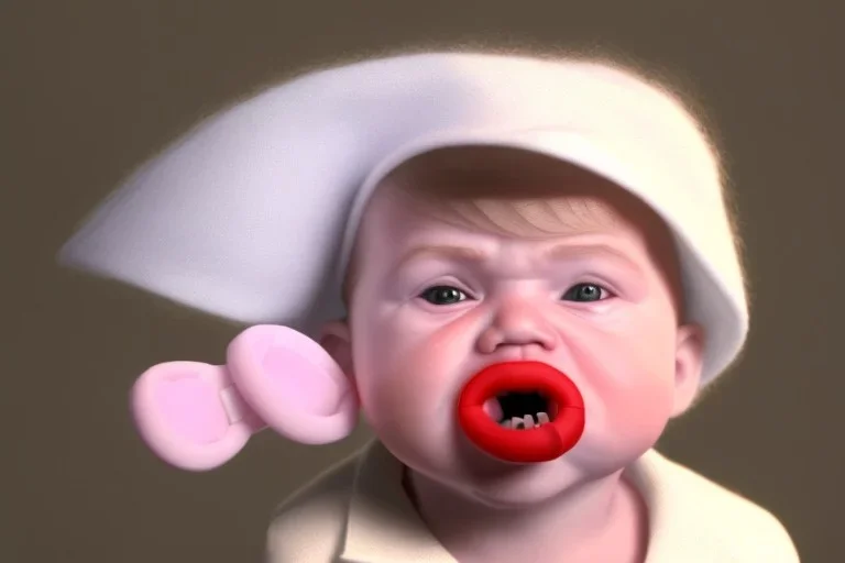  baby Who looks like donald trump in a Baby carriage tucked in wearing a bonnet and sucking on a pacifier. He is donald trump