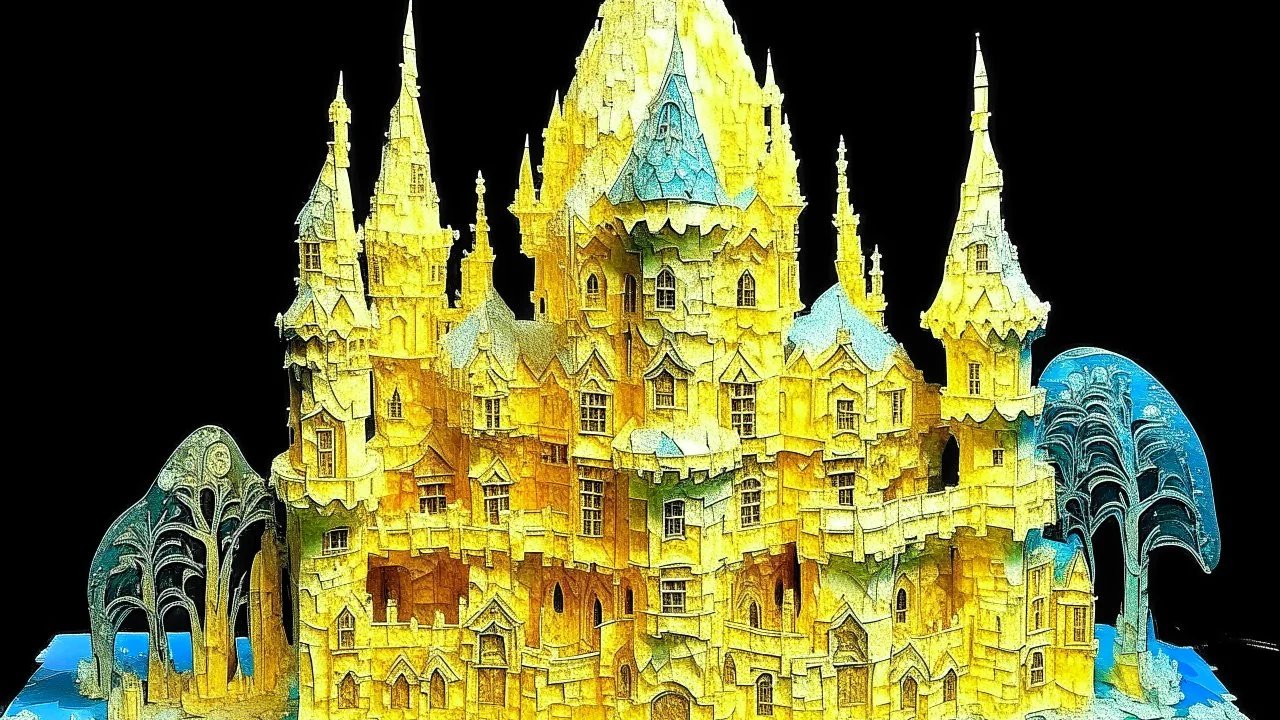 A light yellow shining crystal castle designed in Chinese paper art painted by Vincent van Gogh