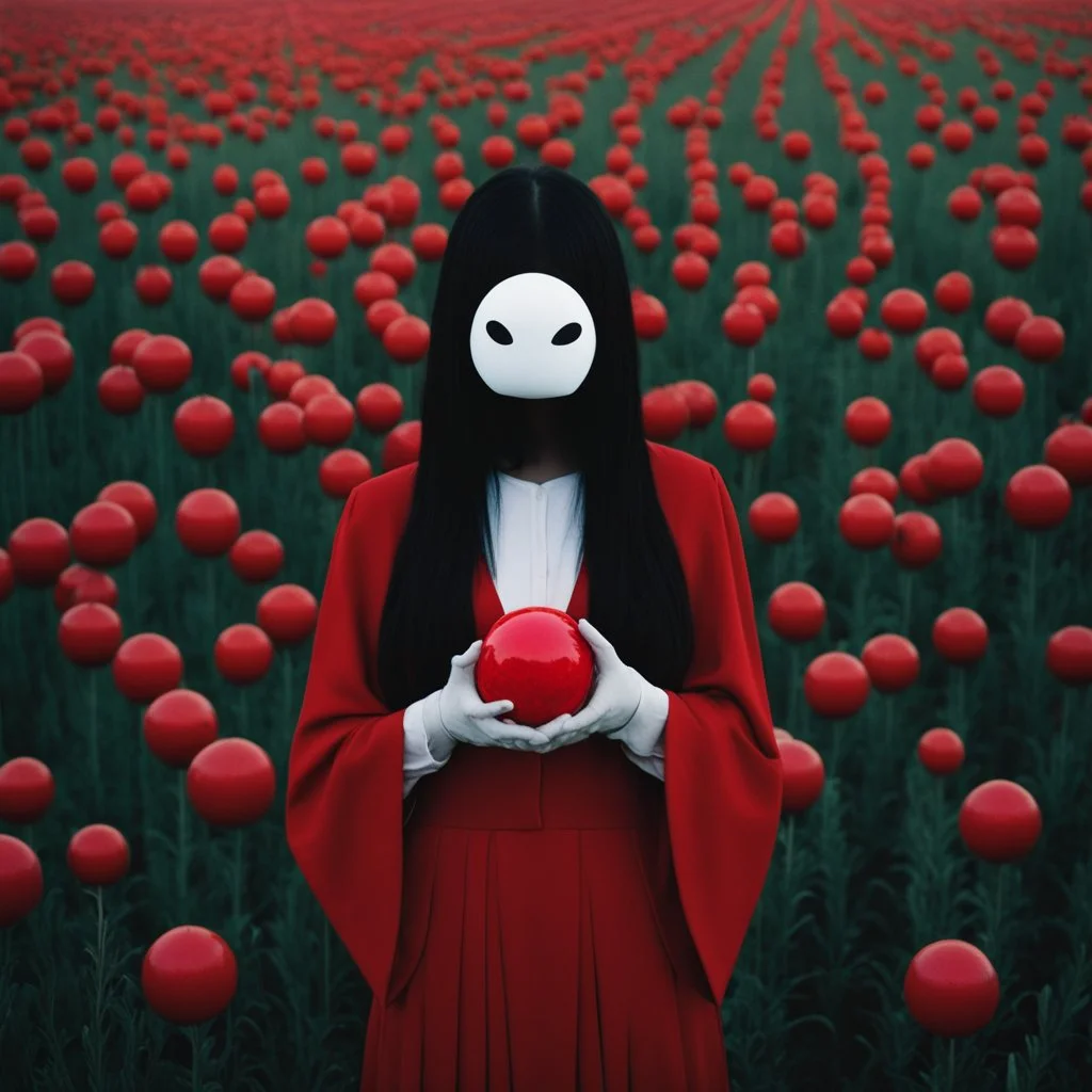 a no face woman with mask standing in a field holding red ball, inspired by Ren Hang, design milk, long black hair, whites, wanderers traveling from afar, trending on artisation, cloning spell, coat pleats, in twin peaks, submarine, by Helen Thomas Dranga, symetry, round-cropped, noire photo