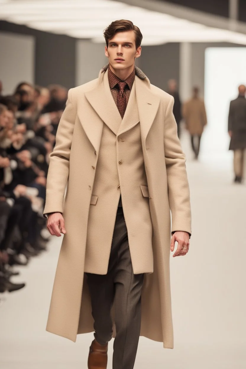 A guy on a winter fashion runway with moderna clothes inspired by Superman style, embroidery elegante fashion beige tones