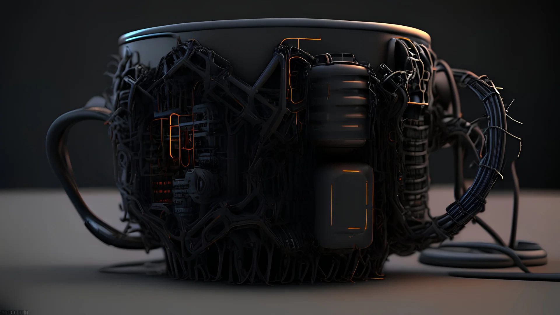 Futuristic black gadget mug made with engine parts and wires dysoptia cyberage HAWKEN postapocalyptic dysoptia scene photorealistic uhd 8k VRAY highly detailed HDR