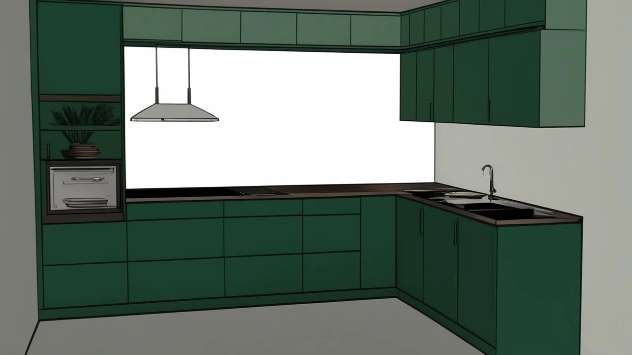 dark green kitchen with forest wallpaper on the white wall, very realistic