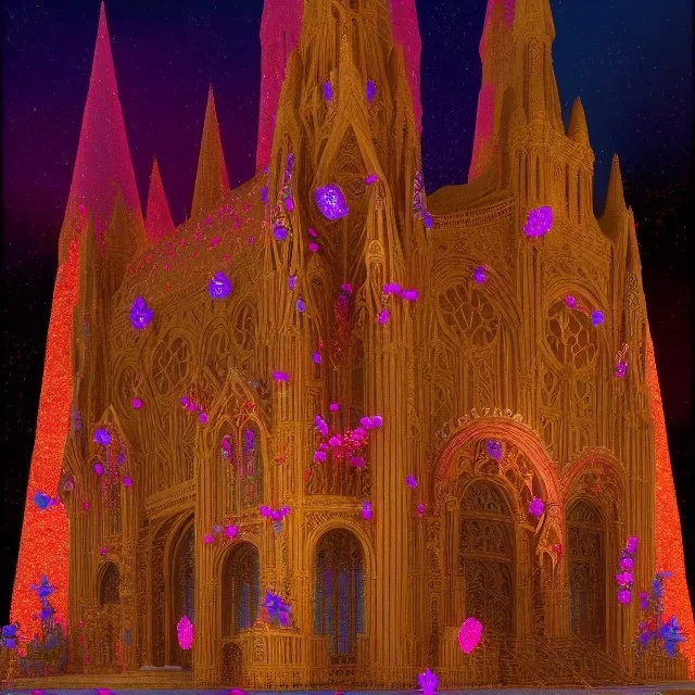 grand cathedral made of gingerbread and vibrant-colored rock candy, 8k resolution, centered, high-quality, ultrafine-detail, ornate, digital art, flickering light, baroque, detailed matte, volumetric lighting, illustration, 3D octane render, brian froud, howard lyon, George Grie, greg rutowski,