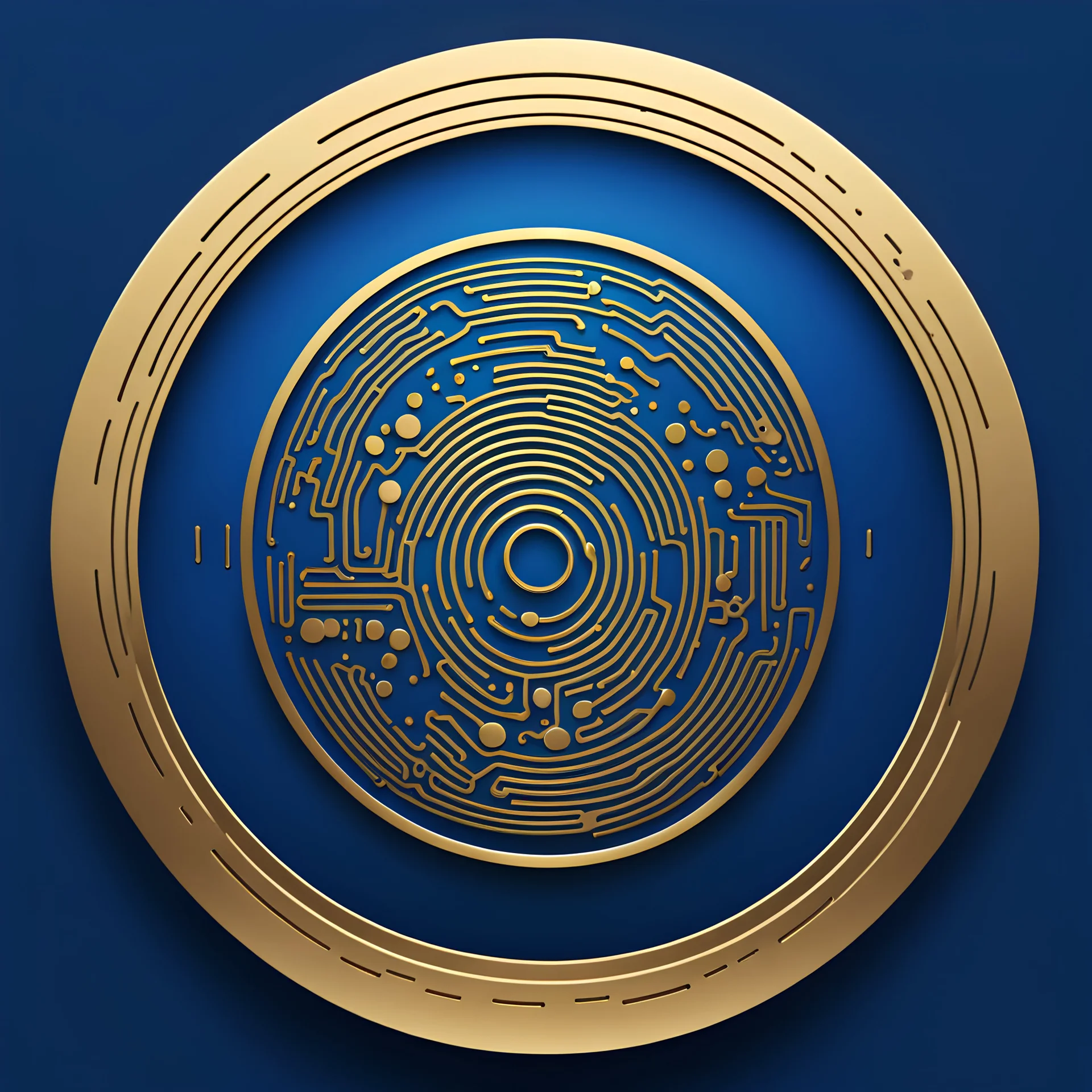 a gold and blue logo in a circle, fingerprint that looks like circuit board traces