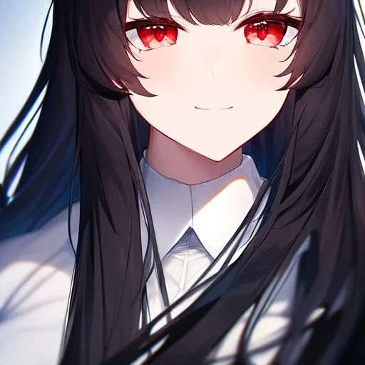 Clear focus,High resolution, black long fluffy hair, long fluffy bangs, red eyes, wearing a lab outfit, extreme close up, evil smile