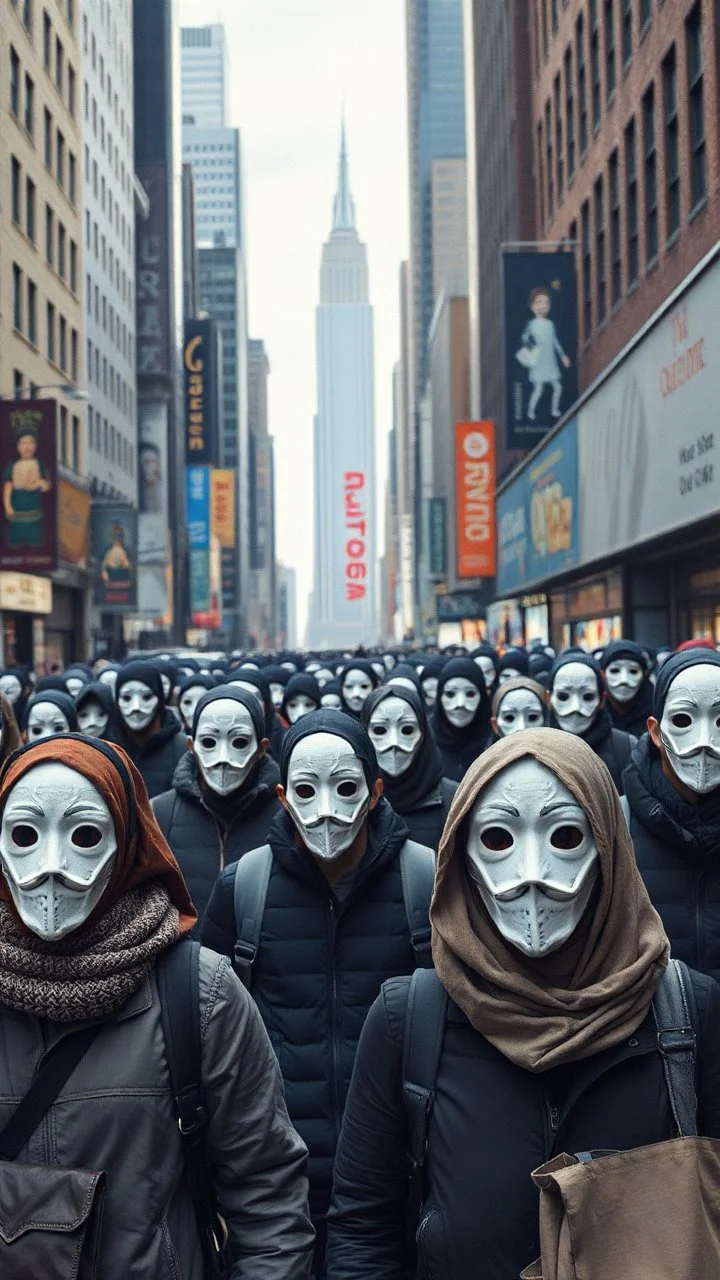 Bosch painting style . In 3D people covered all faces with a white masks including eyes walking in busy New York with no face expressions
