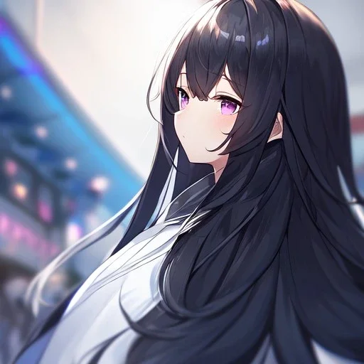 Clear focus,High resolution, Black long fluffy hair, long bangs, and purple eyes, Depressed girl, wearing a black short skirt with a white line near the bottom,wearing a white oversized jacket, Extreme Close up