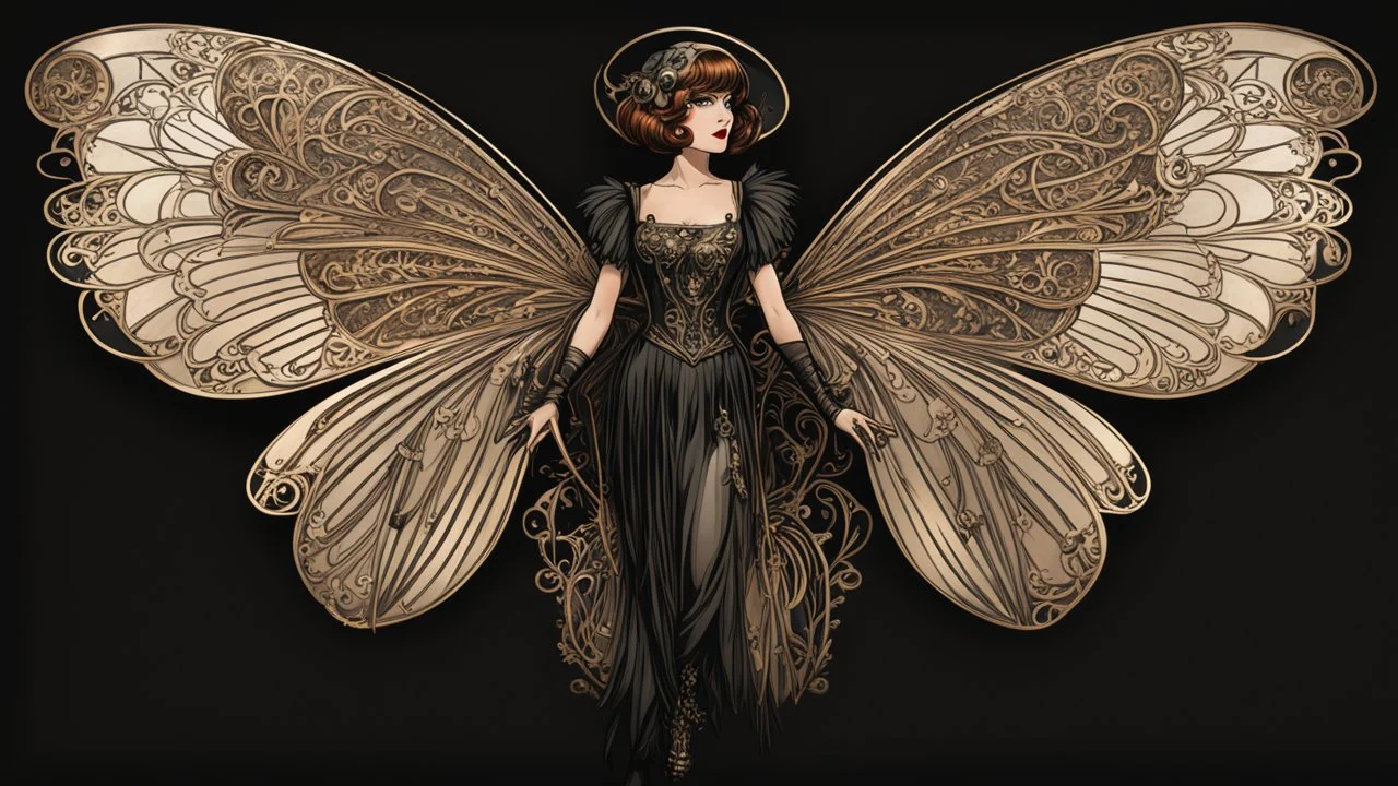 Full Body, Art Nouveau Woman With A Bob With A Fringe Hairstyle, 1920s Clothing, Steampunk Metal Moth wings, Black Background