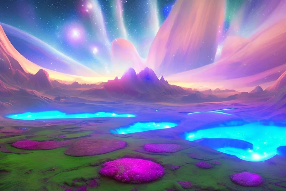 cosmic landscape with blue grass with magic lake, sky with light and stars. a bright spaceship with light