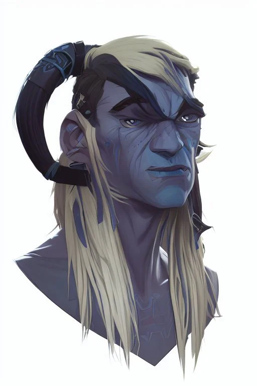 A tieffelin with blue skin and white Dreadlock hair. His pupil-less eyes are green. He wears a small beard.