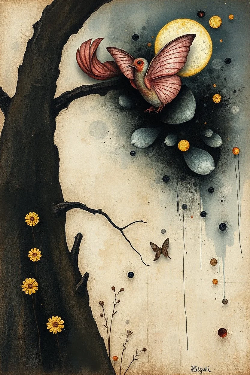 Supercalifragilisticoespialidoso’ Surrealism. Style of Inge Shuster, Catherine Hyde, Odilon Redon, Angelina Wrona, Gustav Klimt, Duy Huyn, Mandy Disher, Cecilia Frigati, Jimmy Lawlor, Esao Andrews. Abstract background with texture, grunge paper, mixed media art, watercolour, oil pastel, set of charcoal with different characteristics, pigments, gold and silver fixatives. Promt©valestok. Full size image, no text, no copyright. Modifiers: highly detailed sharp focus fantasy intricate cinematic ligh