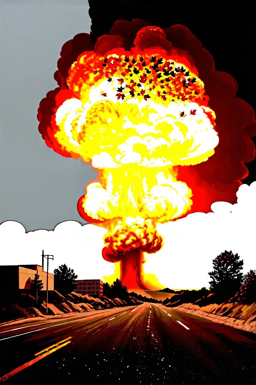 top right corner is a nuclear explosion cloud, top of explosion looks like a autumn tree full of leaves, add leaves falling everywhere in foreground, high horizon at 1/3 from top, bottom 2/3 is a road through a road, a wind is blowing away from the tree. a commercial building is on the middle left