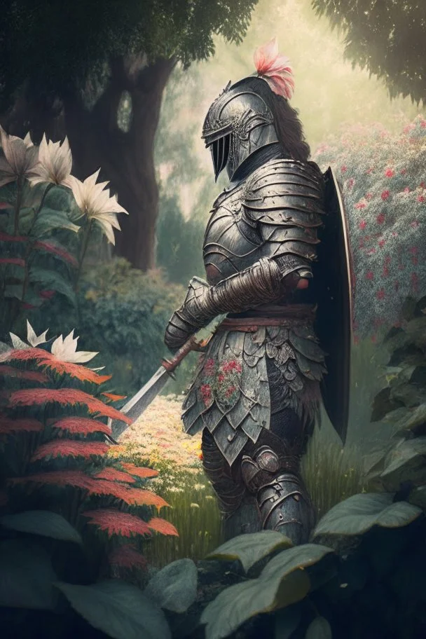 A warrior in a garden