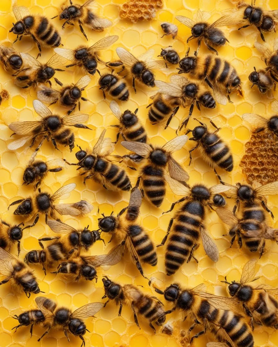 bees flutter over the hive, behind there is a honey yellow background and honeycombs