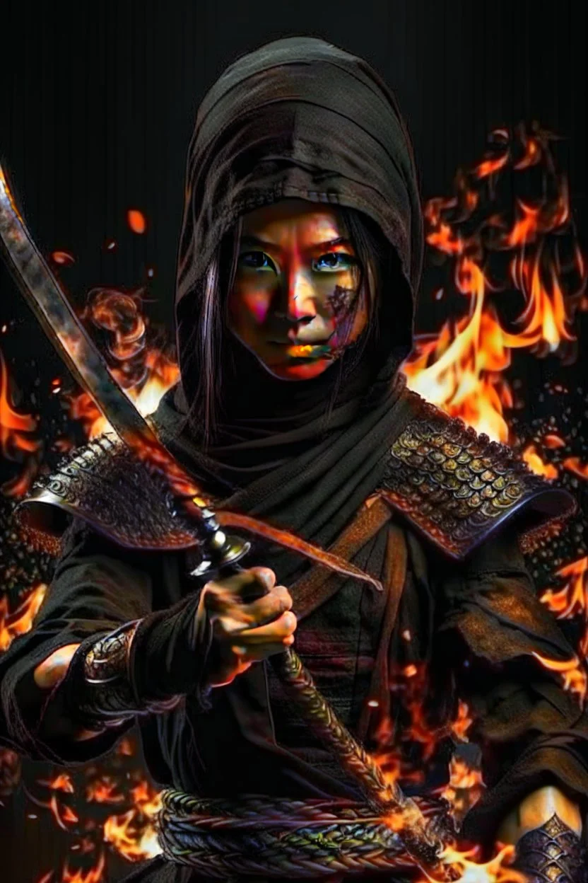 evils beauty female indonesia ninja with light eyes and dark shadow has a Dark Sword (hidden shadow monster) full body Raw, realistic, background explode fire