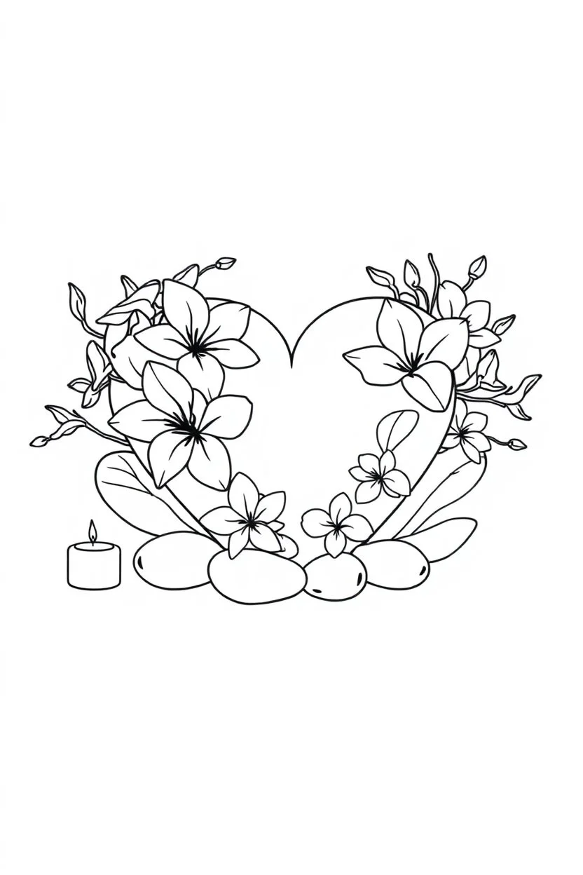outline art for visually rich appealing heart in orchids plumeria rounded stones candles, ikebana style, coloring page for kids, white background, fit to page, only use outline, clean line art, no shadows, clear and well outlined