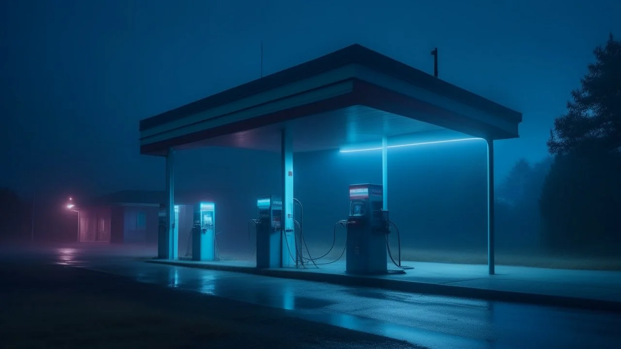 Ethereal gas station at blue hour, bathed in the soft glow of twilight, with an old neon sign flickering, surrounded by mist-shrouded fields and a lone figure standing near the pumps, capturing a sense of mystery and solitude