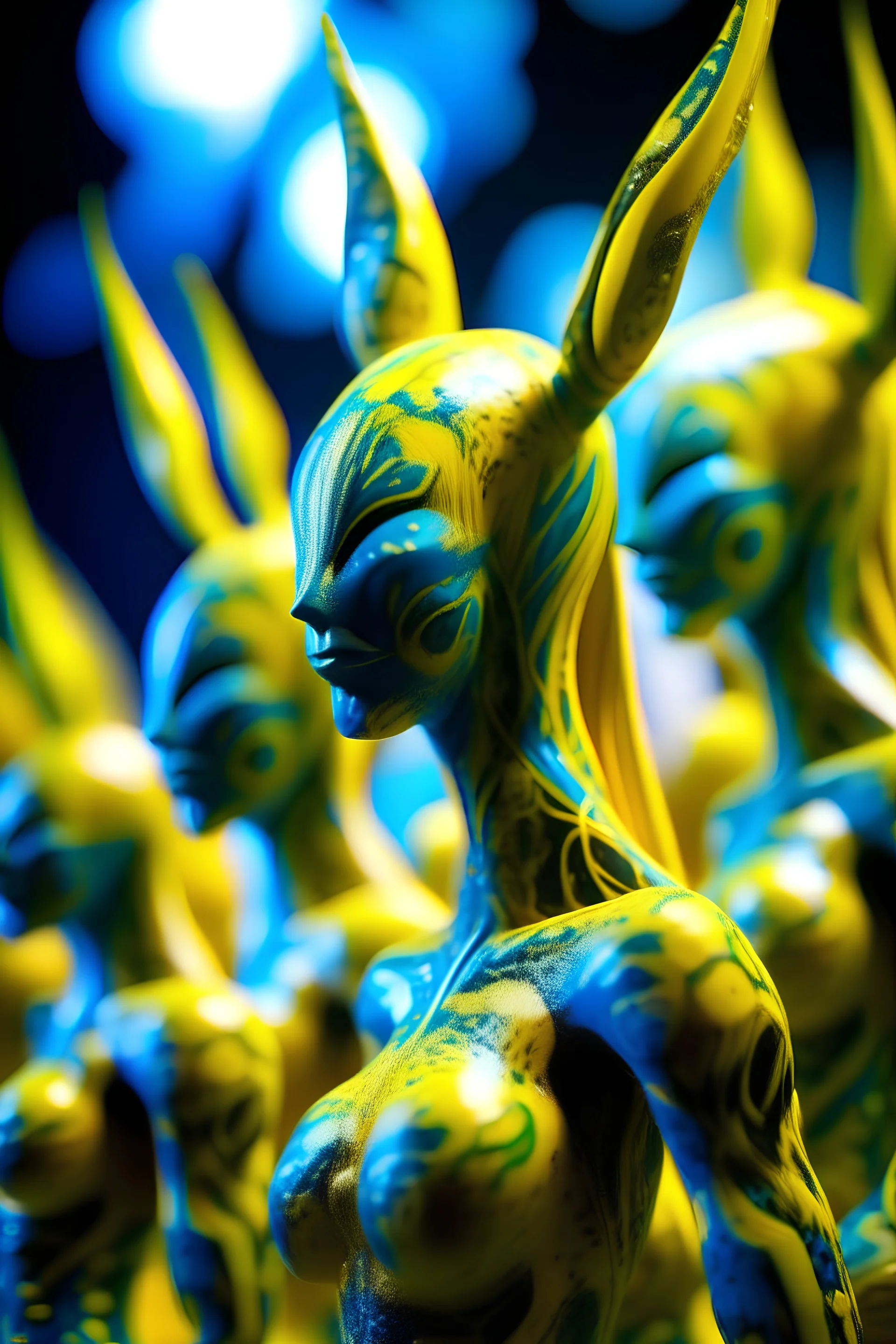 tilt-shift blur closeup photo, biomorphic illusionism. Wax playboy bunny women with nudibranch features. The backdrop fuses psychedelic patterns with a Gigeresque biomechanical cybergoth style, emphasizing outlets dripping yellow paint, blue shadows . Enhance with ethereal forms, light vortices, and a vaporwave aesthetic, colored light