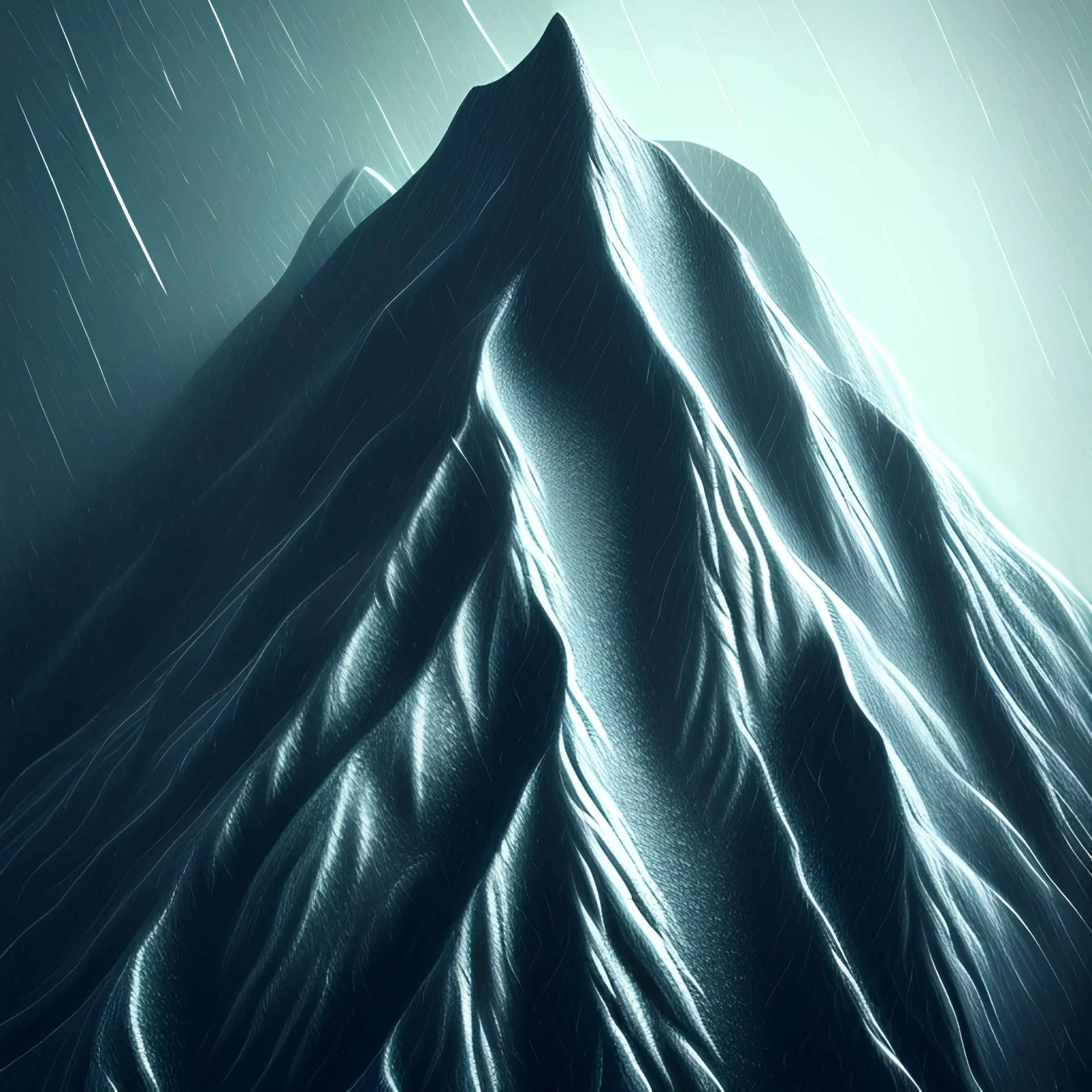 3d design of a mountain in the rain close up, 3 man standing as a portrait