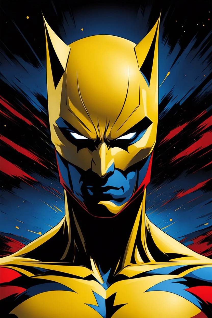 Catman, comic style artwork, dark yellow, black, red and blue, calm