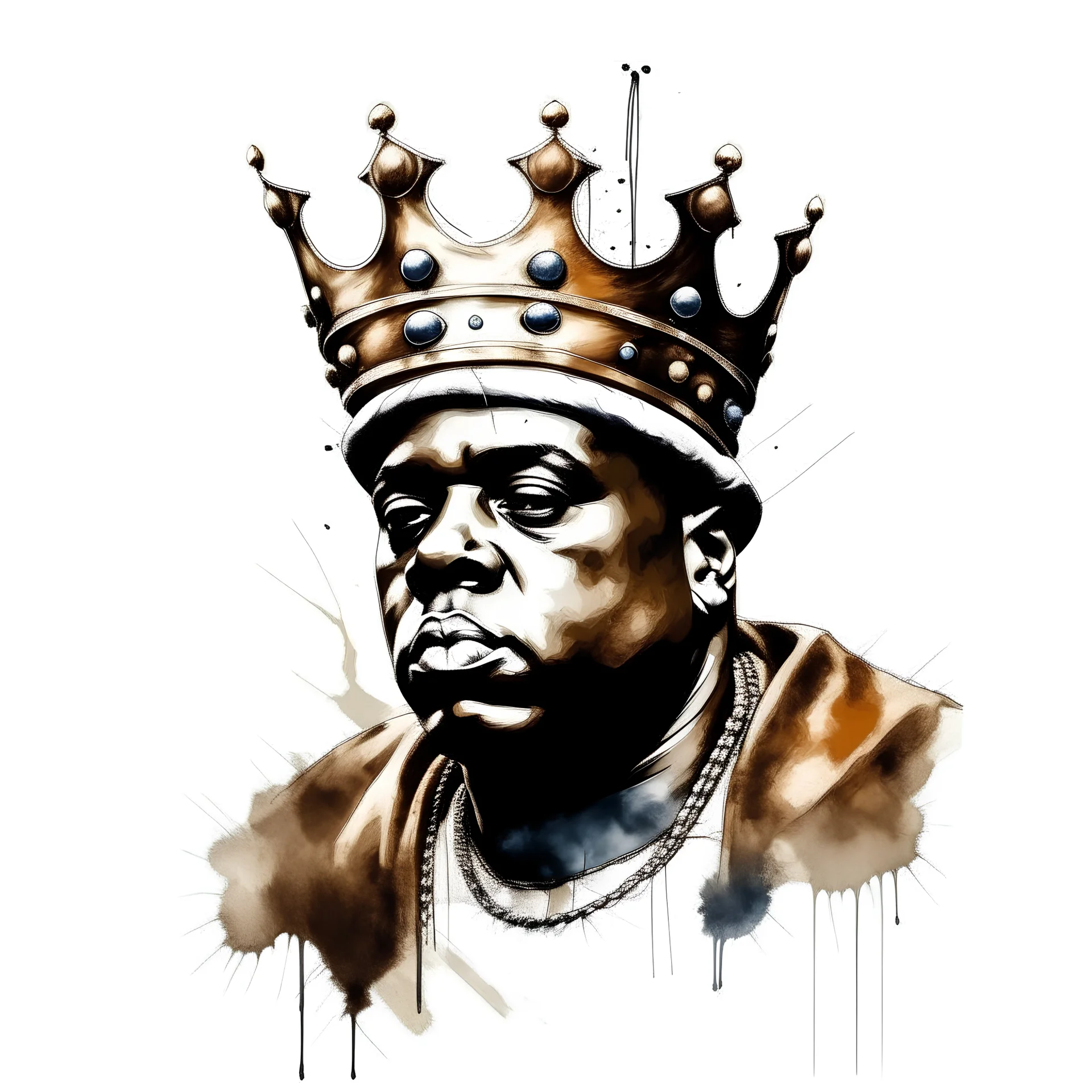 davinci style painting , Biggie Small with crown on head , clear details, white background , HD , vector , full image