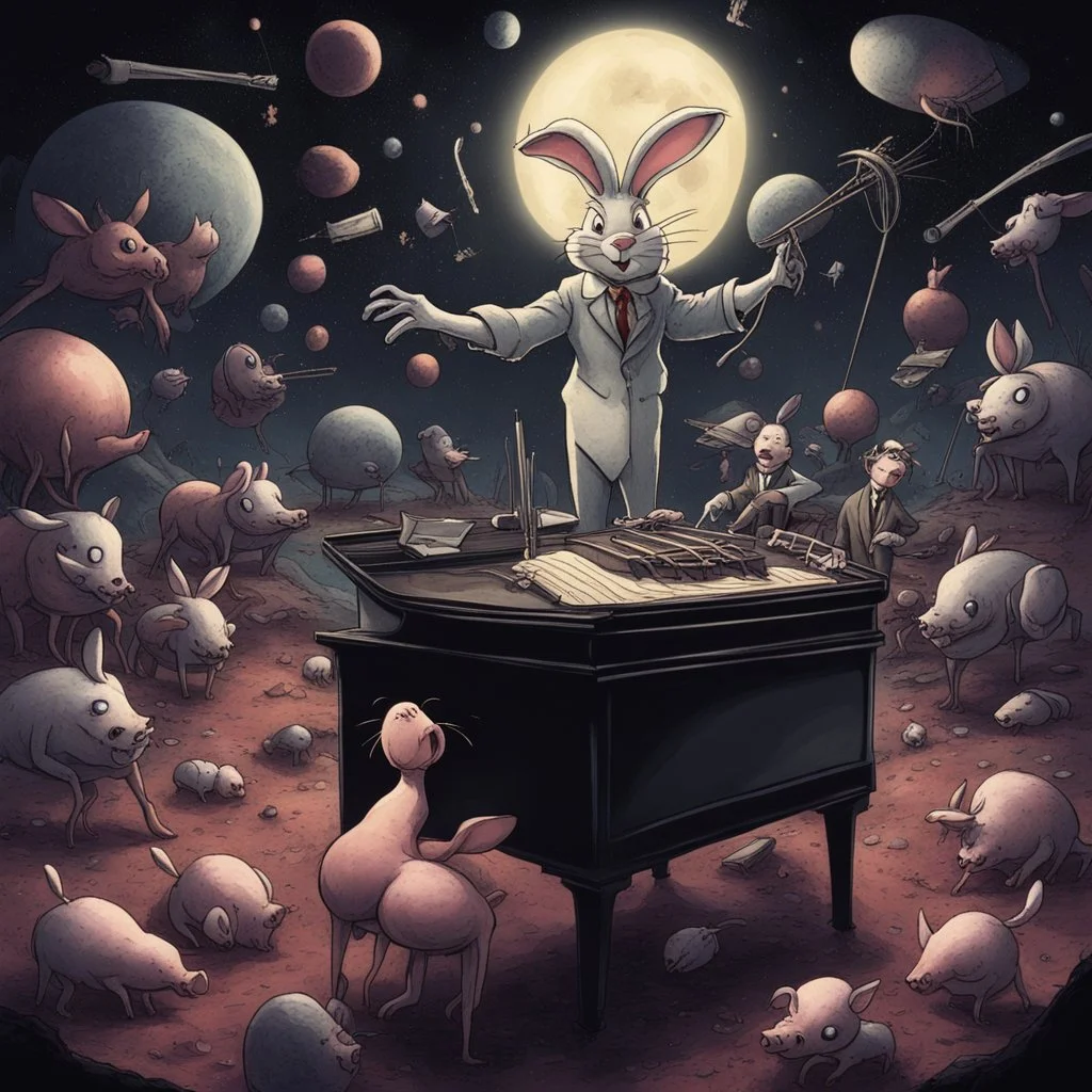 dark colours bugs bunny being a composer piano violin and is surrounded by swarm pig pig swinewasp swine pigpen pigsty on an diffrent planet cosmos lovecraft