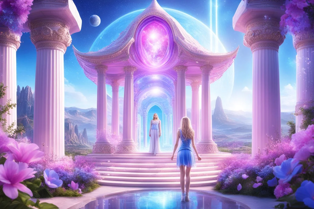bellissima ragazza del futuro in piedi con alle spalle un tempio magico di un altro pianeta con tetto aperto in stile ferico con natura e fiori rosa e azzurri e cristalli e gemme in giardino con due colonne di luce e cielo aperto luminoso.