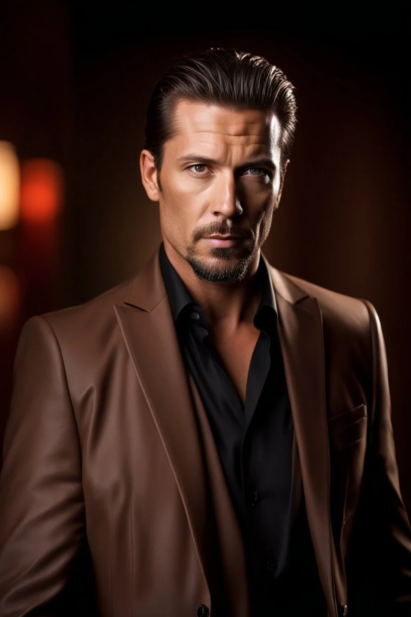 portrait of a 40 year old Handsome, smart gang boss with lightly tanned skin. medium length brown hair slicked back and a goatee beard. mean looking. photorealistic