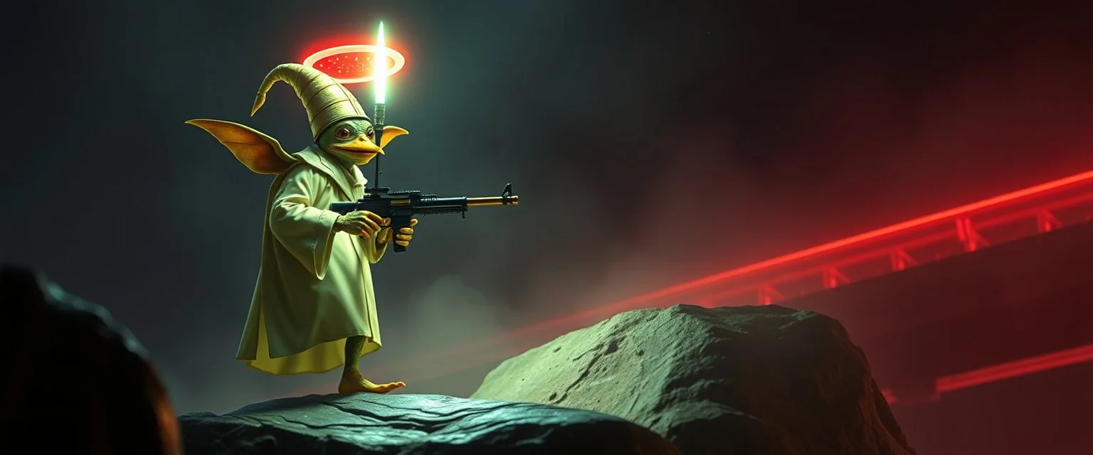 volume fog light, hyper real close up on rock ant cricket duck priest gremlin man general with hi tech transcendent weapon arsenal from hell, guarding bridge up to space gellyfish saucer neon plastic transparent